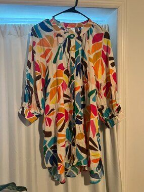 Tabitha Brown Target Colorful Leaf Print Tunic Dress Size Medium Button Front